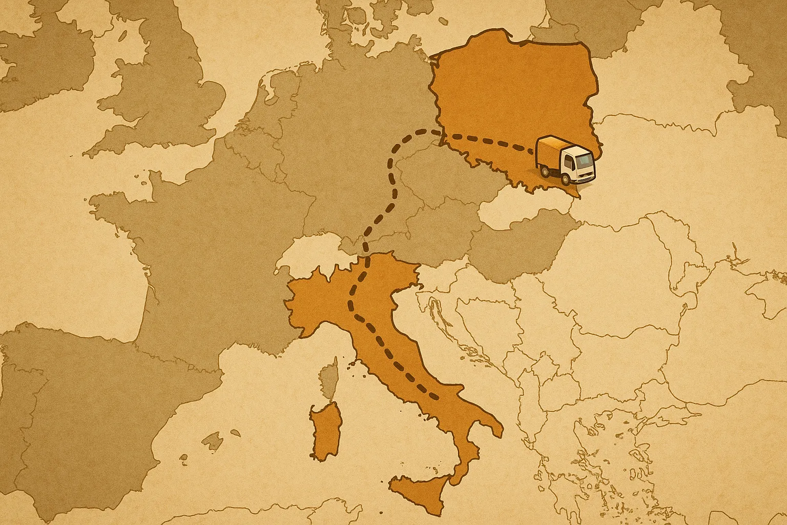 Mapa Europy z zaznaczonymi Włochami i Polską oraz trasą ciężarówki, wizualizująca transport towarów Włochy-Polska i międzynarodowy przewóz ładunków.