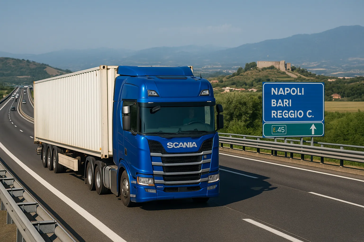 Nowoczesny transport ciężarowy Scania S-series z naczepą na autostradzie we Włoszech, symbolizujący usługi transportowe Polska-Włochy i przewóz towarów do Włoch. W tle drogowskaz na Neapol, Bari, Reggio C. i autostradę E-45.