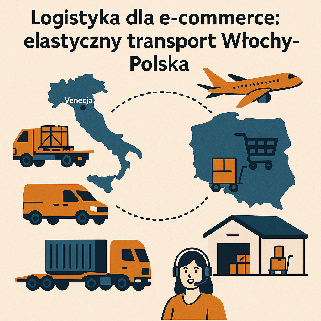 Grafika przedstawiająca elastyczny transport towarów Włochy-Polska dla e-commerce, z różnymi środkami transportu: ciężarówka, dostawczy van, samolot oraz magazyn logistyczny. Mapa Włoch z Wenecją i mapa Polski połączone liniami transportowymi.