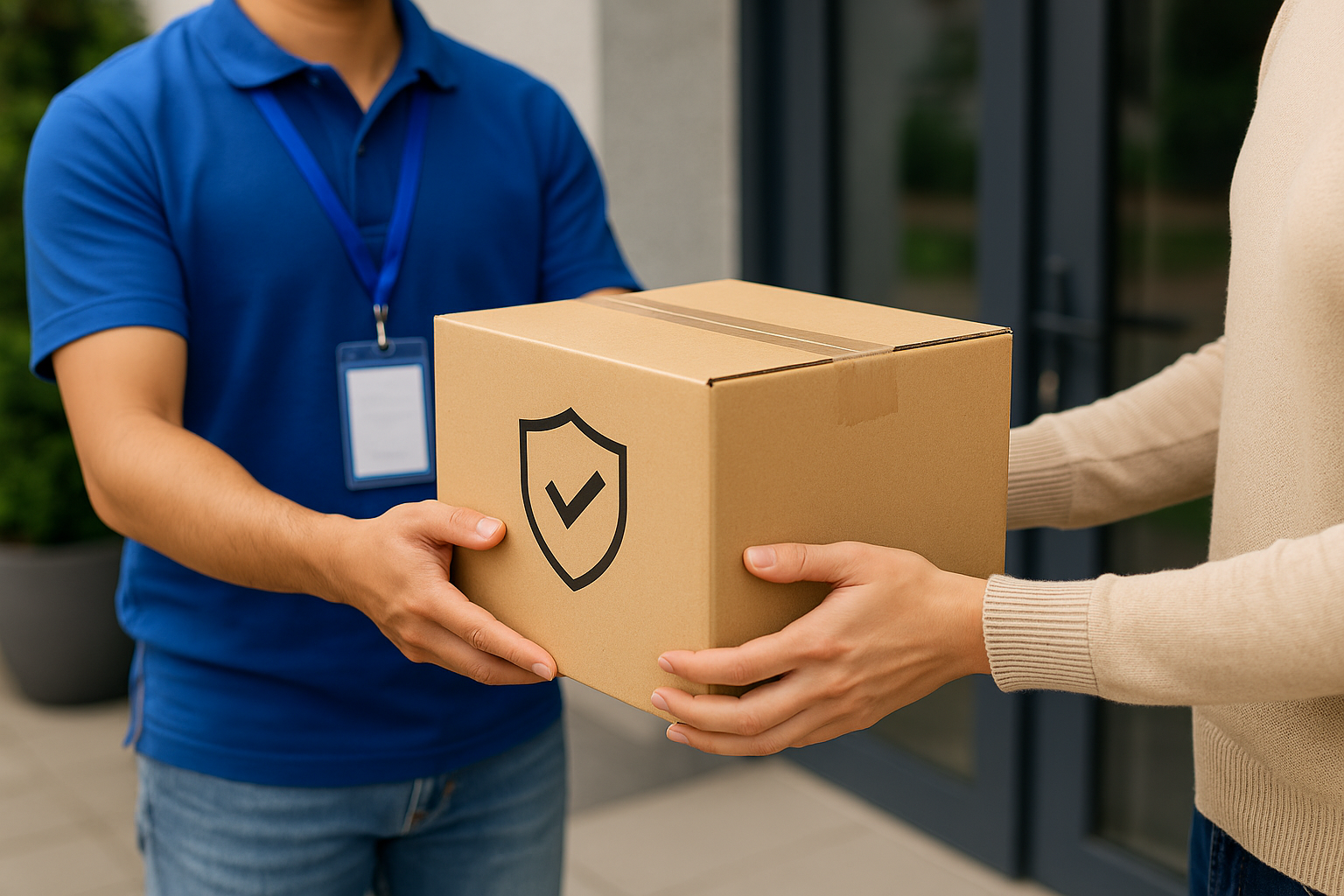 Kurier dostarczający paczkę z zabezpieczającą ikoną do klienta, symbolizujący bezpieczne usługi transportowe ładunków na trasie Włochy-Polska, w tym Warszawa.
